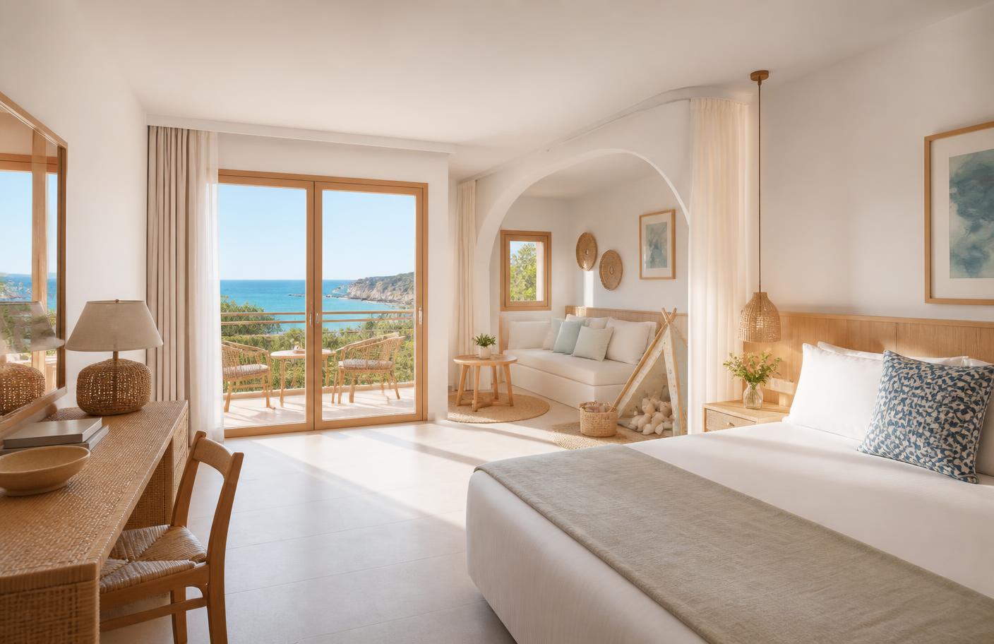Bright family suite with a sea-view balcony